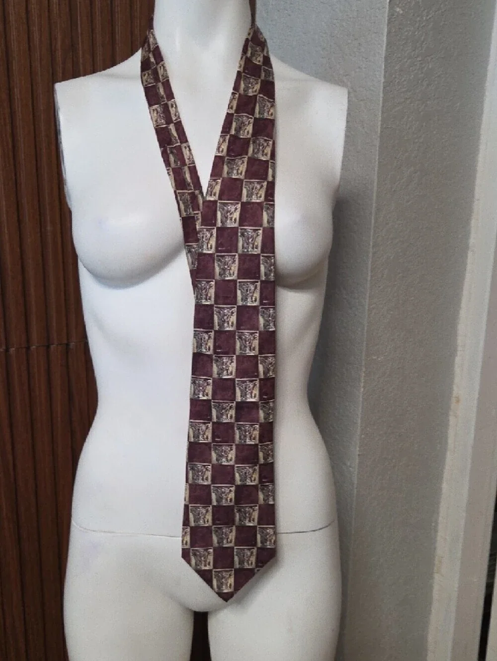 Etienne Aigner Burgundy and Ivory Check Silk Tie